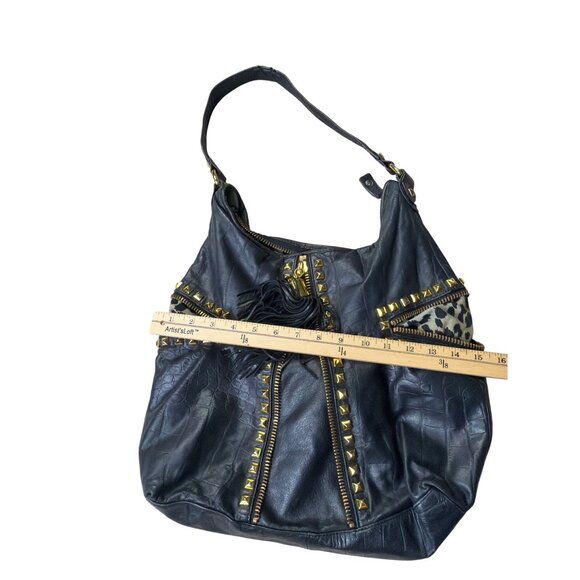 Betsey Johnson Studded Leather Hobo Bag Tassel Accent & Leopard Print Lining - Picture 9 of 9